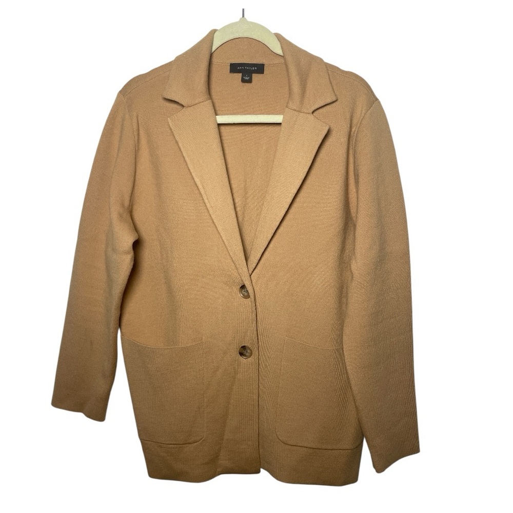 Ann Taylor Women’s Camel Knit Blazer Jacket Large Long Sleeve Pockets Workwear